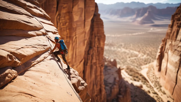 rock climber is climbing a cliff, wide landscape of rock cliffs photo