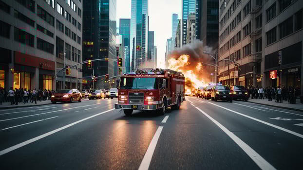 fire truck on the street with flames coming out of the back photo