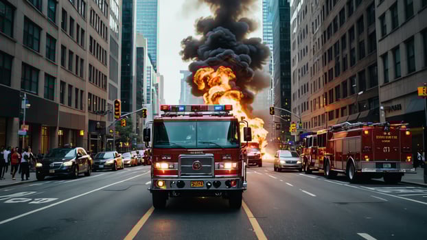 fire truck on the street with flames coming out of the back photo