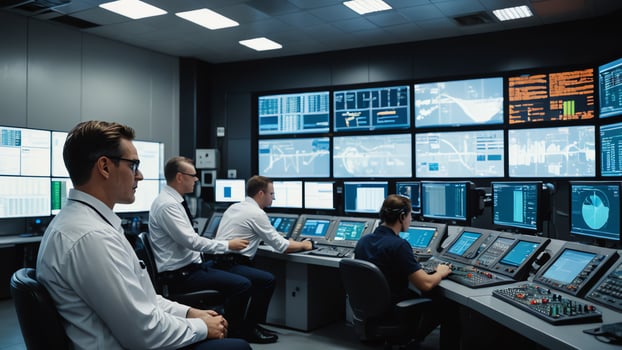 an industrial office with a large ship in the background photo