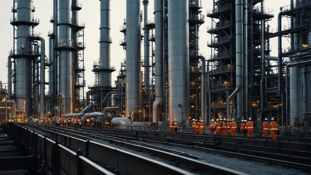 atmosphere of oil refinery work, factory, people working, oil refinery workers photo