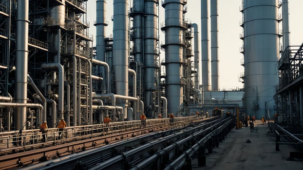 atmosphere of oil refinery work, factory, people working, oil refinery workers photo
