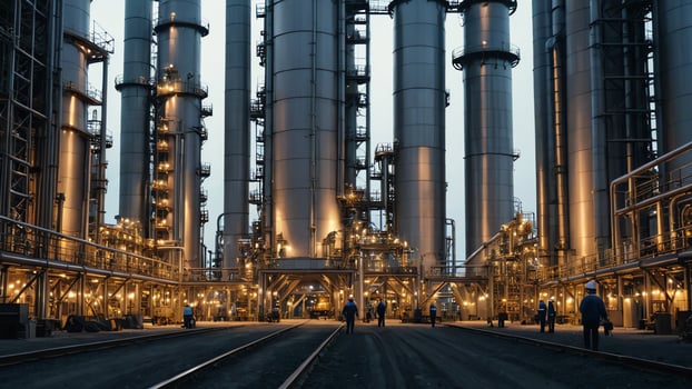 atmosphere of oil refinery work, factory, people working, oil refinery workers photo