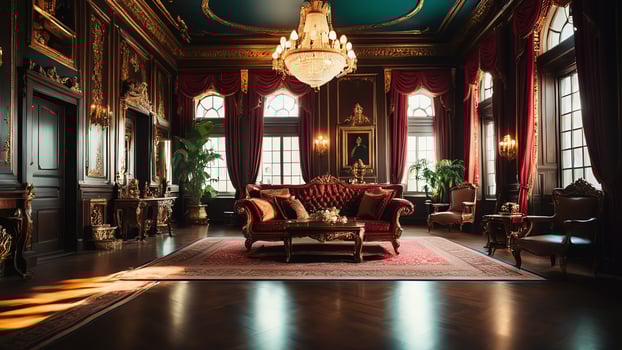 a large bed with gold trim and a red headboard photo