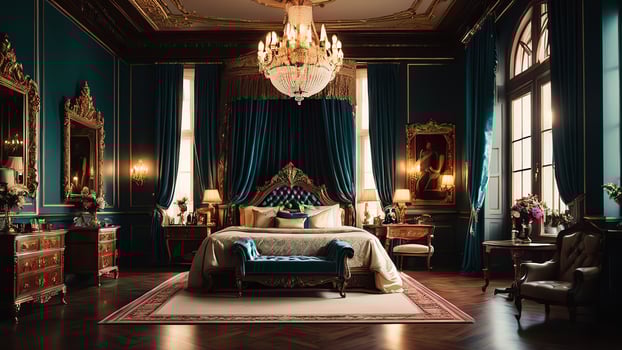 a large bed with gold trim and a red headboard photo