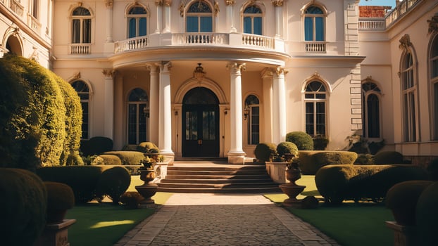 a large mansion with a garden and hedges photo