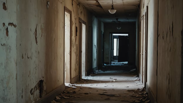 an empty hallway with broken windows and a chandelier photo