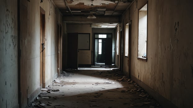 an empty hallway with a broken door and peeling paint photo