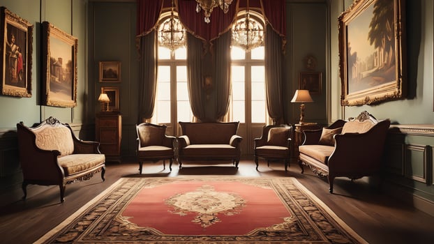 living room with vintage furniture, empty room atmosphere in retro vintage style photo