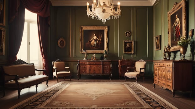 living room with vintage furniture, empty room atmosphere in retro vintage style photo