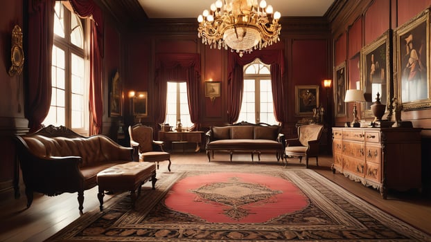 living room with vintage furniture, empty room atmosphere in retro vintage style photo