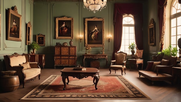 living room with vintage furniture, empty room atmosphere in retro vintage style photo