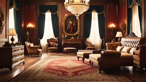 living room with vintage furniture, empty room atmosphere in retro vintage style photo