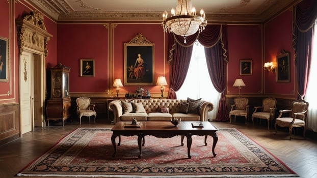 living room with vintage furniture, empty room atmosphere in retro vintage style photo