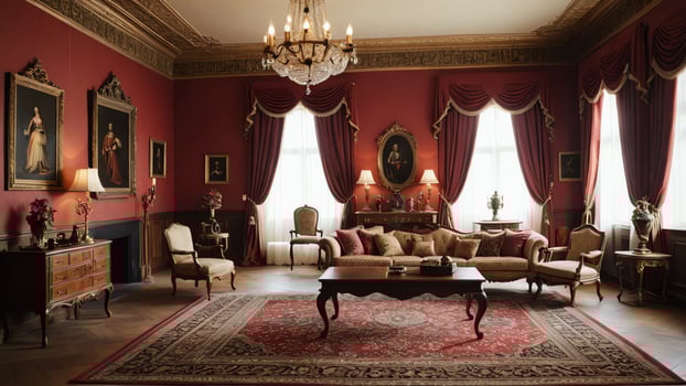 living room with vintage furniture, empty room atmosphere in retro vintage style photo