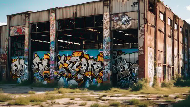 an abandoned warehouse with graffiti on the walls photo