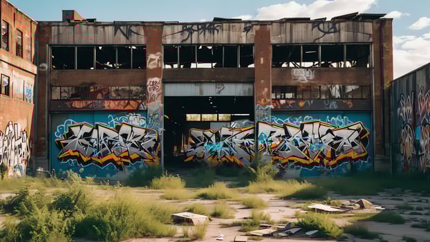 an abandoned warehouse with graffiti on the walls photo