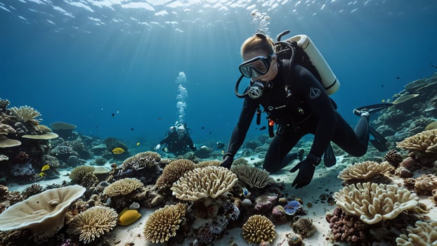 divers explore underwater with beautiful coral reef and underwater views photo