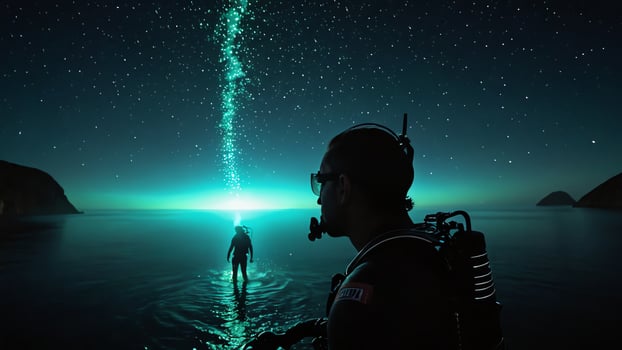 divers under the dark sea with beautiful views of glowing plants photo