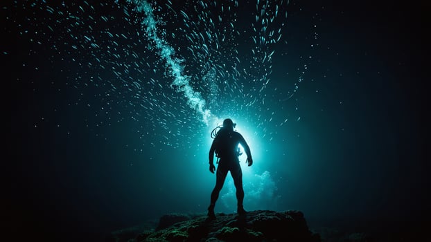 divers under the dark sea with beautiful views of glowing plants photo