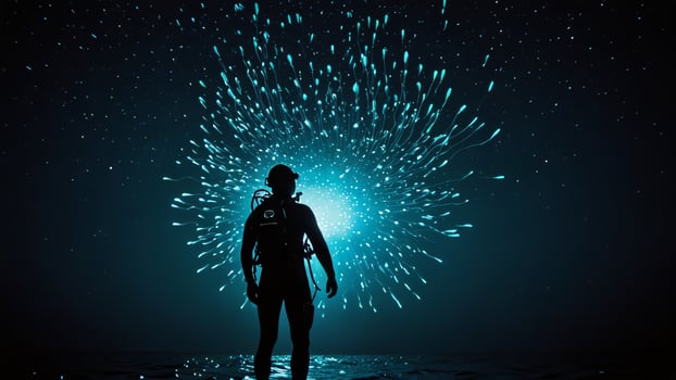 divers under the dark sea with beautiful views of glowing plants photo