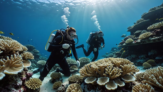 divers explore underwater with beautiful coral reef and underwater views photo