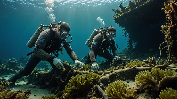 divers explore underwater with beautiful coral reef and underwater views photo