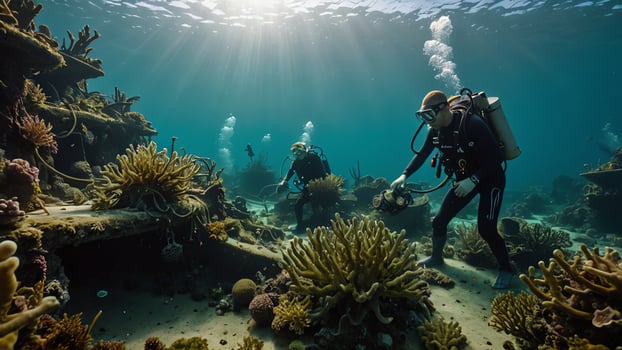 divers explore underwater with beautiful coral reef and underwater views photo