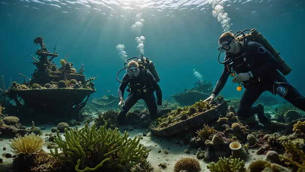 divers explore underwater with beautiful coral reef and underwater views photo