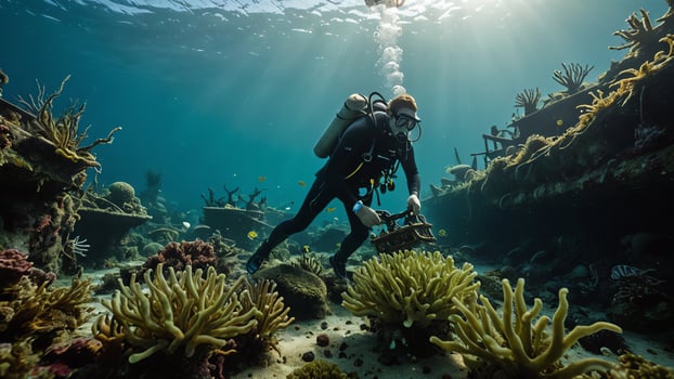 divers explore underwater with beautiful coral reef and underwater views photo