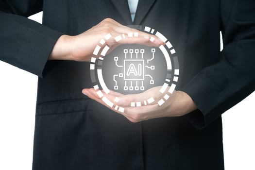 Business person showing hands gesture with AI icon. Artificial intelligence has become a critical technology in today's world and how it's transforming the way we think and live. photo
