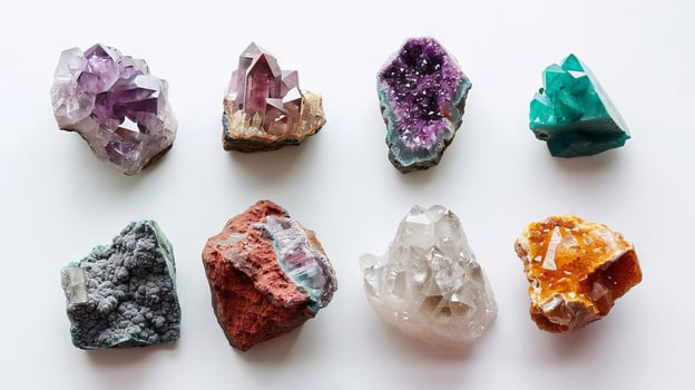 Magnificent gemstone specimens showcasing their natural splendor against a blank white surface photo