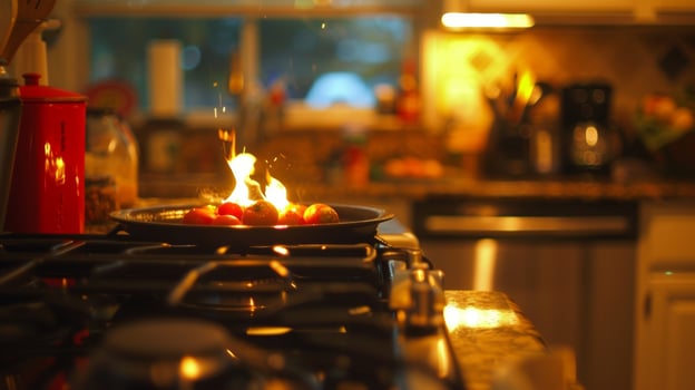 The hot plate is glowing with heat making it the centerpiece of the kitchen counter photo