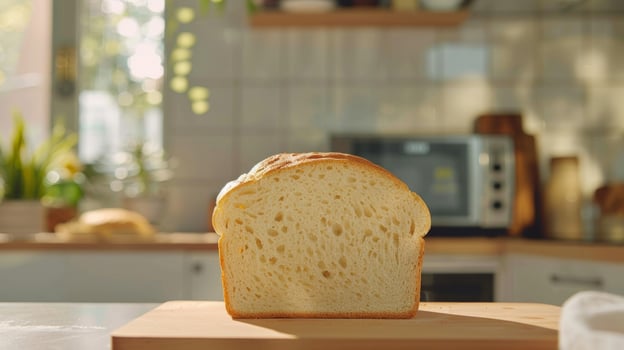 A slice of bread taken from a loaf made in the bread maker with a golden brown crust and light fluffy interior photo