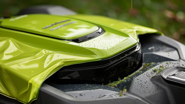 A closeup of the robotic lawn mowers weatherproof cover ensuring protection during rain or shine photo
