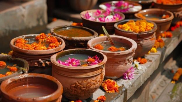 A table adorned with beautifully decorated clay pots filled with water and flowers known as a kumbh representing the elements of nature and used for prayer rituals durin photo