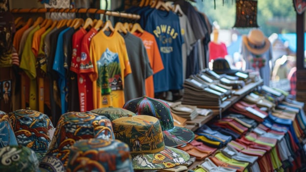A colorful display of themed tshirts hats and accessories featuring traditional German designs such as pretzels beer steins and alpine landscapes available for sale at a photo
