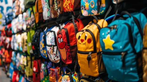 Rows of neatly organized backpacks each one adorned with popular cartoon characters and bright patterns offer a practical yet stylish accessory for the upcoming school year photo