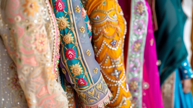 A closeup of traditional Indian clothing with intricate embroidery and patterns worn by families while celebrating Diwali photo