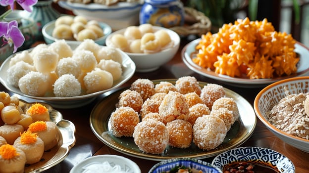 Alongside the savory dishes there are also traditional sweet treats such as peanut and sesame brittle and glutinous rice balls symbolizing family togetherness and unity photo