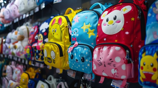 Brightly colored backpacks adorned with cartoon characters or trendy patterns photo