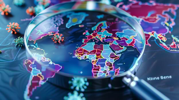A magnifying glass on top of a world map highlighting regions of concern in terms of epidemic spread thanks to realtime analytics and modeling photo