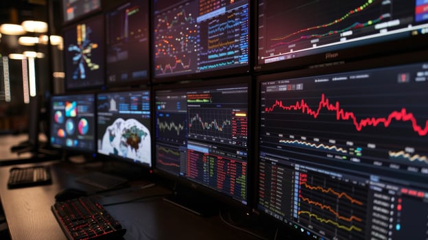 A closeup shot of a data analysts desktop with multiple screens each displaying different data sets and forecasts related to epidemic spread photo