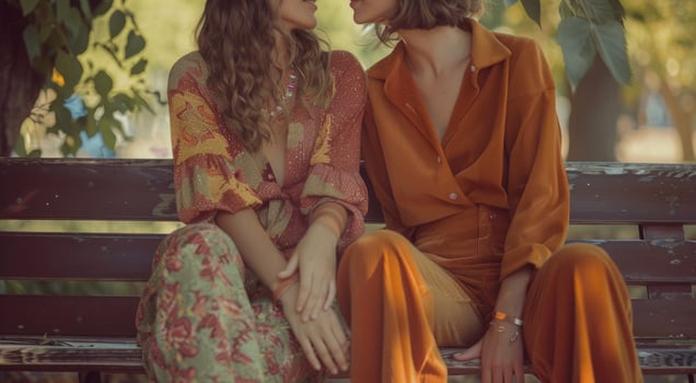 Two friends sitting on a bench one in a flowy bohemian blouse and wideleg pants the other in a vintage corduroy jumpsuit both showcasing how vintage and modern styles ca photo