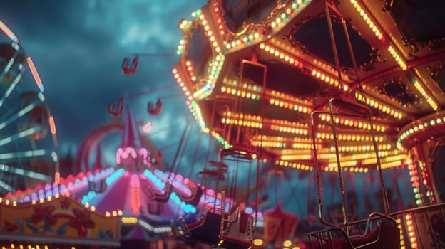 A lively carnival with rides and games all lit up by bright flashing lights against a dark sky photo
