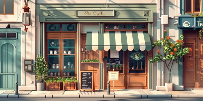 Stepping onto the bustling street one is transported back in time as vintage coffee shops line the sidewalks their facades adorned with intricate details and wooden shutters photo