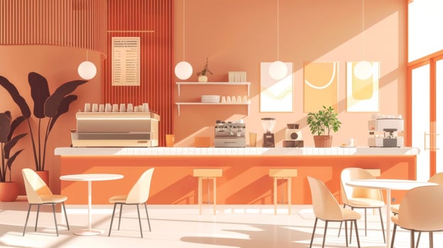 A minimalistic coffee shop with a clean and spacious layout featuring a variety of seating options and a subtle use of textures and patterns photo