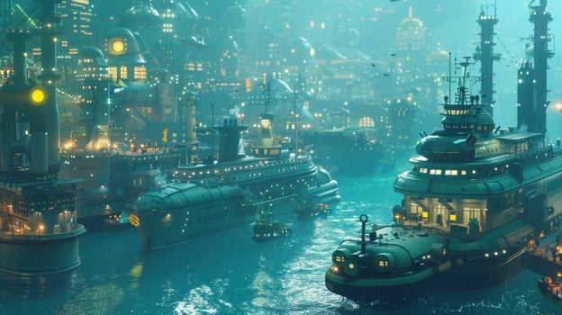 Deepsea exploration vessels depart from the citys port venturing into the unknown depths of the ocean photo