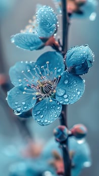 Closeup of blue plum blossoms with dew on petals photo