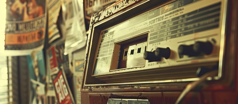Vintage Radio Set on Antique Store Shelf Surrounded by Retro Posters. Concept of retro cassette tape player, music memorabilia, historical soundtracks, and cultural nostalgia photo